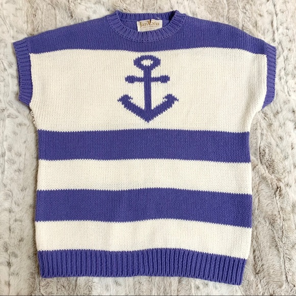Vintage Nautical Striped Anchor Knit Sweater Top - Picture 2 of 13
